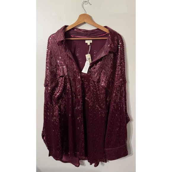 Anthropologie Tops - NWT Anthropologie Pilcro Sequin Buttondown Shirt Plum 3X Top Party Holiday‎